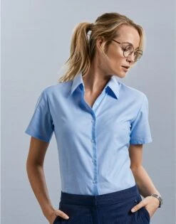 Russell Collection Ladies' Short Sleeve Tailored Oxford Shirt -Outlet Elite Togs Store 15f495c86134635c33fa8f6bab5f2c58810923c3f0722a1d8818b11b8ec79269