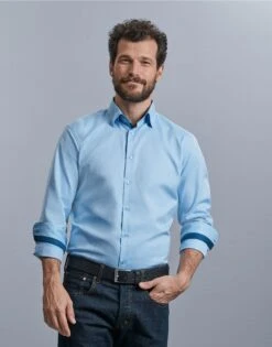 Russell Collection Mens Long Sleeve Tailored Contrast Herringbone Shirt  -Outlet Elite Togs Store 48d83511f2fd5883fe7147f6a5b7bb22b01c267d76e1fdf619a766056774c850