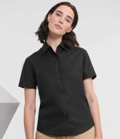 Russell Collection Ladies' Short Sleeve Tailored Oxford Shirt -Outlet Elite Togs Store fbe034b2212ecd8c96ba9846a794d29c39ed35465e0136d35ed3ab1811cd779b